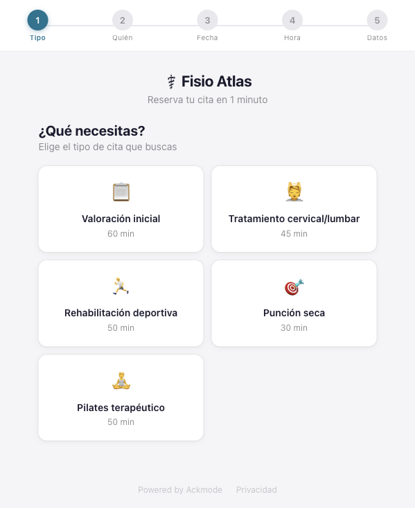 Reserva online de fisioterapia con selección de tipo de cita