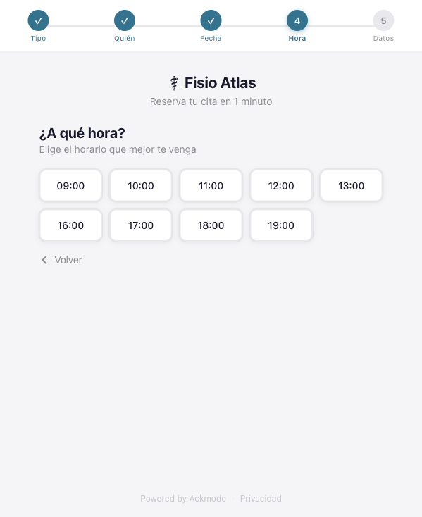 Reserva online con selección de hora disponible