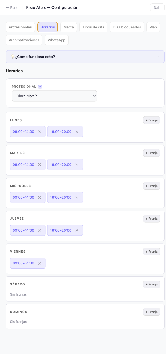 Configuración de horarios por profesional