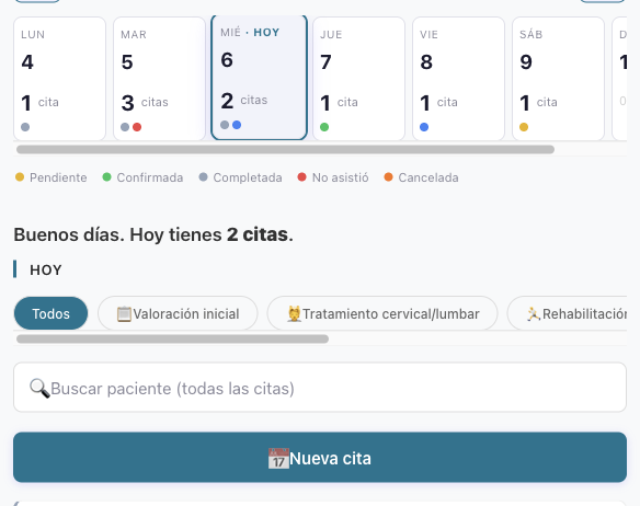 Weekly agenda with appointment statuses, service filters and search